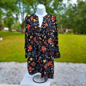 Floral Print Long Sleeve Tunic Dress By Old Navy Black With Multicolor Flowers L